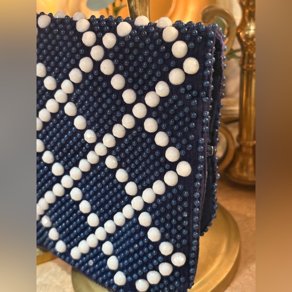 Mr. Jonas Vintage Navy and White Beaded Clutch made in Hong Kong. - Picture 4 of 12